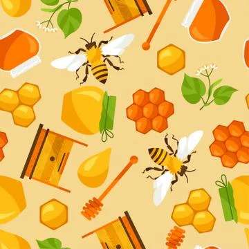 Seamless pattern with honey and bee objects Stock Illustration