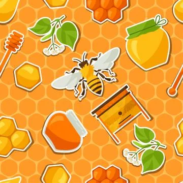 Seamless pattern with honey and bee stickers Stock Illustration