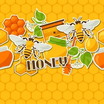 Seamless pattern with honey and bee stickers 스톡 일러스트