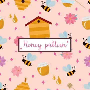 Seamless pattern with honey and bees Stock Illustration