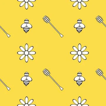 Seamless pattern with honey, bee and flowers. Design elements. Vector 스톡 일러스트