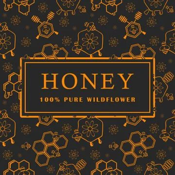 Seamless pattern with honey, bee and flowers. Design elements. Vector Stock Illustration