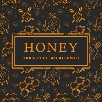 Seamless pattern with honey, bee and flowers. Design elements. Vector Stock Illustration