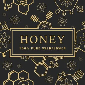 Seamless pattern with honey, bee and flowers. Design elements. Vector Stock Illustration