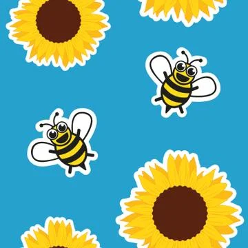 Seamless pattern honey bee and sunflower on blue background イラスト素材