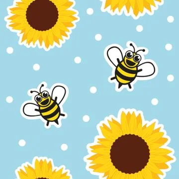 Seamless pattern honey bee and sunflower on blue background Stock Illustration