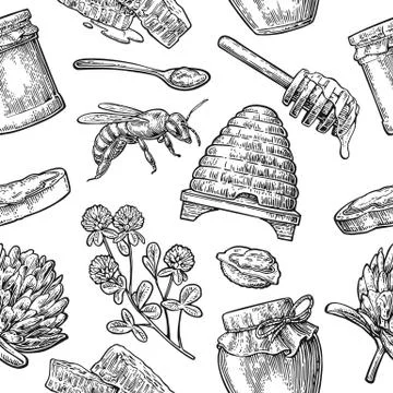 Seamless Pattern with honey, bee, hive, clover, spoon, cracker, honeycomb. Stock Illustration