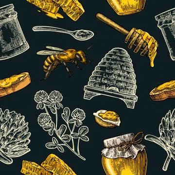 Seamless Pattern with honey, bee, hive, clover, spoon, cracker, honeycomb. Stock Illustration