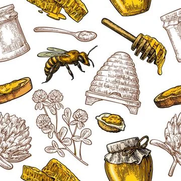 Seamless Pattern with honey, bee, hive, clover, spoon, cracker, honeycomb. Stock Illustration