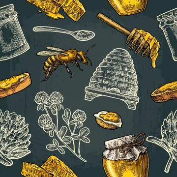 Seamless Pattern with honey, bee, hive, clover, spoon, cracker, honeycomb. イラスト素材