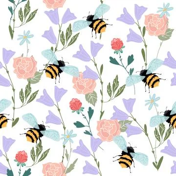Seamless pattern with honey bees and flowers, flat vector on white. Stock Illustration