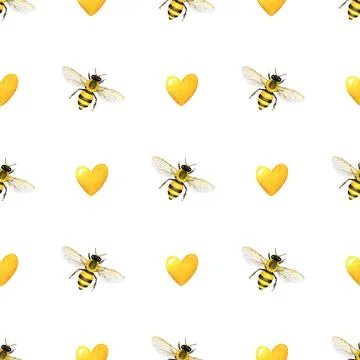 Seamless pattern with honey bees and golden honey hearts, Watercolor Stock Illustration