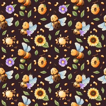 Seamless pattern with honey bees with flowers and honey. Children's fabric .. Stock Illustration
