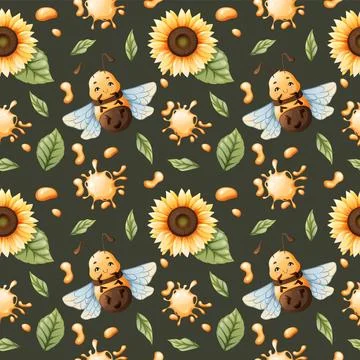 Seamless pattern with honey bees with flowers and honey. Children s fabric de Stock Illustration