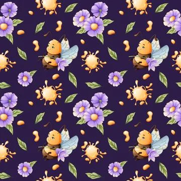Seamless pattern with honey bees with flowers and honey. Children's fabric .. Stock Illustration