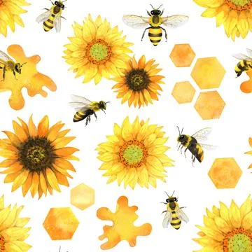 Seamless pattern with honey bees, honeycombs, sunflowers and honey spots Stock Illustration