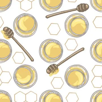 Seamless pattern with honey dipper and honey in jar with honeycomb decor イラスト素材