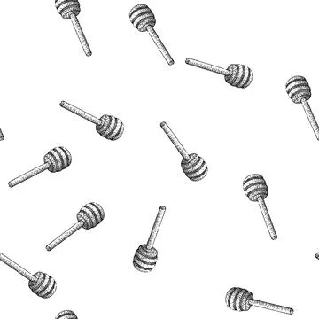 Seamless pattern Honey dipper stick black white engraving drawing Stock Illustration