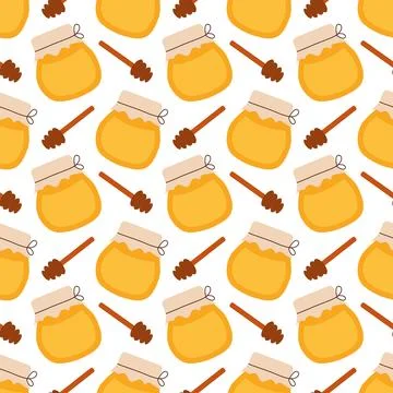 Seamless pattern with honey jar and honey dipper spoon. Stock Illustration