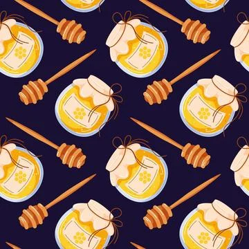 Seamless pattern with honey jar and wooden honey dipper on dark background for Stock Illustration