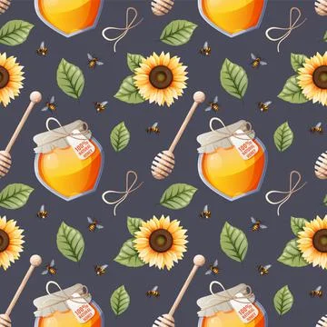 Seamless pattern with honey jar, sunflower, leaves and spoon. Honey products. Illustrazione stock