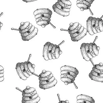 Seamless pattern Honey pot with dipper and bee drawing Stock Illustration