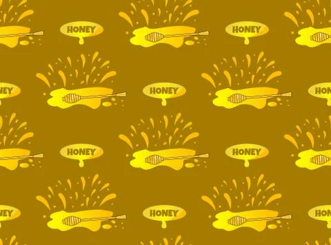 Seamless pattern Honey spot, splash with wooden spoon and message with text H Stock Illustration