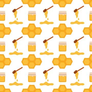 Seamless Pattern with honeycomb geometric hexagonal, honey jar and dipper spoon Stock Illustration