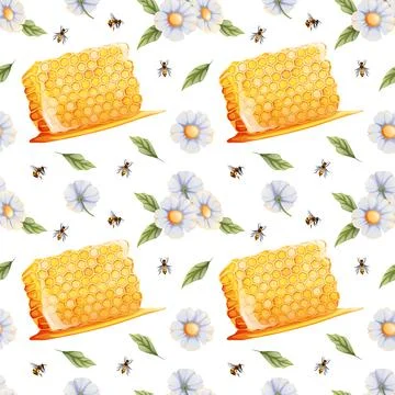 Seamless pattern with honeycombs, wildflowers and bees. Suitable for textiles Stock Illustration