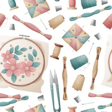 Seamless pattern with hoop, needle bed, floss threads. Embroidery, hobby, han Stock Illustration