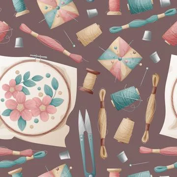 Seamless pattern with hoop, needle bed, floss threads. Embroidery, hobby, han Stock Illustration