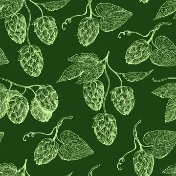 Seamless pattern with hop cones in vintage engraving style. Hand-drawn ink .. Stock Illustration