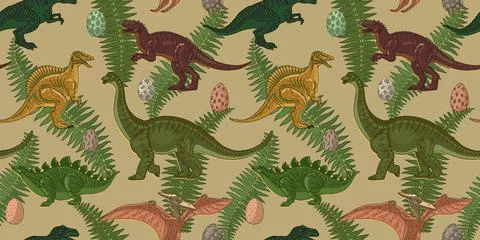 Seamless pattern. Horizontal banner. Dinosaurs with eggs and leaves. Vintage Stock Illustration
