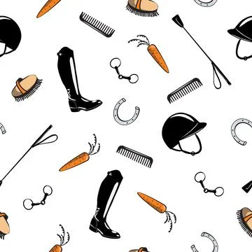 Seamless pattern with horse riding tack on white. Stock Illustration