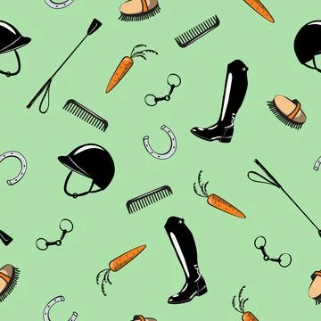 Seamless pattern with horse riding tack tool on green. Stock Illustration