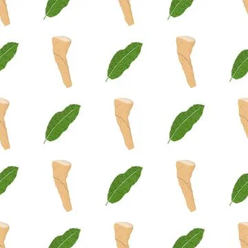 Seamless pattern with horseradish root and green leaf. Stock Illustration