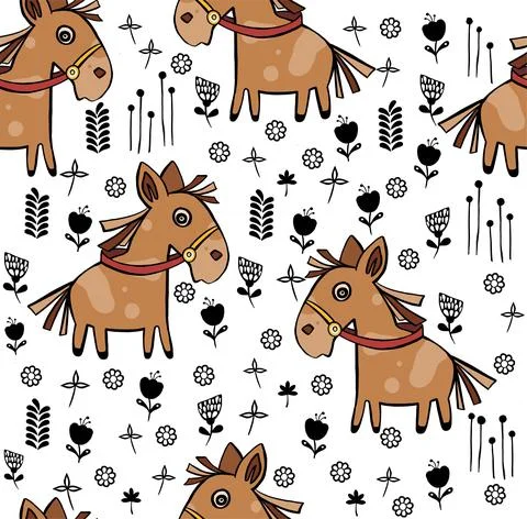 Seamless pattern with horses and hand textures. Stock Illustration