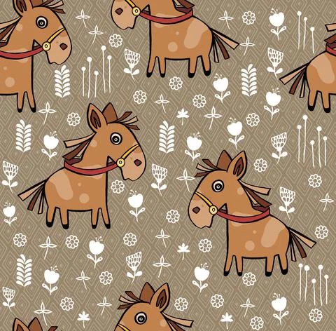 Seamless pattern with horses and hand textures. Stock Illustration