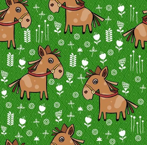 Seamless pattern with horses and hand textures. Stock Illustration