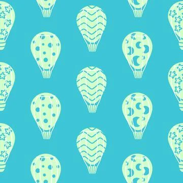 Seamless pattern with hot air ballon in light green and white colors on blue Stock Illustration