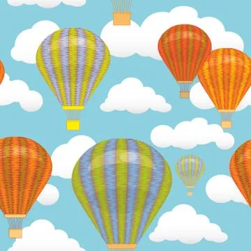 Seamless pattern. Hot air balloon and clouds in the sky Vector illustration. Stockillustratie