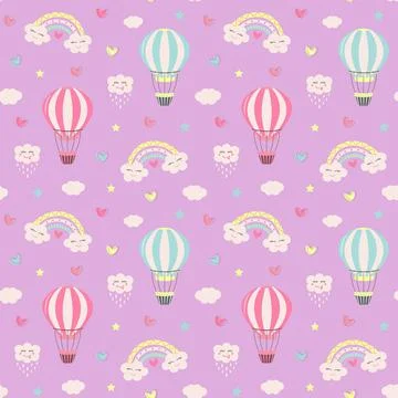 Seamless pattern with hot air balloon, kawaii rainbows, clouds, stars and h.. Stock Illustration