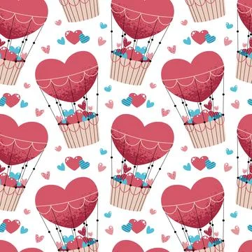 Seamless Pattern With Hot Air Balloon And Basket Full Of Hearts In Flat Sty.. Stock Illustration