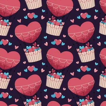 Seamless Pattern With Hot Air Balloon And Basket Full Of Hearts In Flat Sty.. Stock Illustration