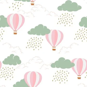 Seamless pattern with hot air balloons on rainy day,kids texture for fabric.. Stock Illustration