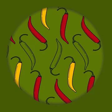 Seamless pattern of hot chili pepper on circle paper cut background. Traditional Stock Illustration
