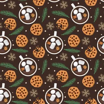 Seamless pattern with hot chocolate cup, cookies, spruce twig, snowflakes on Stock Illustration
