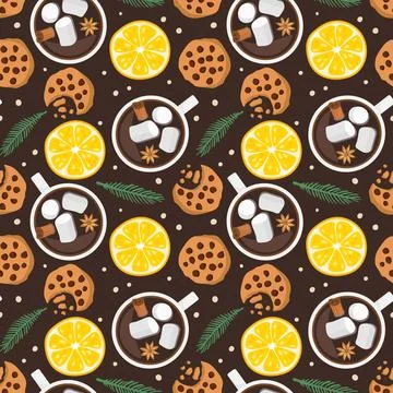 Seamless pattern with hot chocolate cup, cookies, orange slice, spruce twig 스톡 일러스트
