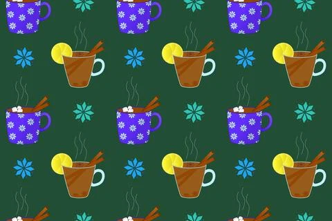 Seamless Pattern with Hot Cocoa and Tea in Festive Mugs on Green Background 스톡 일러스트