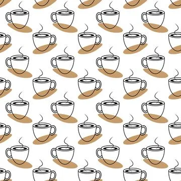 Seamless Pattern of hot coffee cups in hand drawn outline style for cafe Stock Illustration